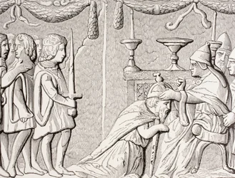 Kejsar Sigismunds kröning genom påve Eugenius IV år 1433, efter en basrelief på en dörr i Peterskyrkan i Rom, ur "Les Arts au Moyen Age", utgiven 1873